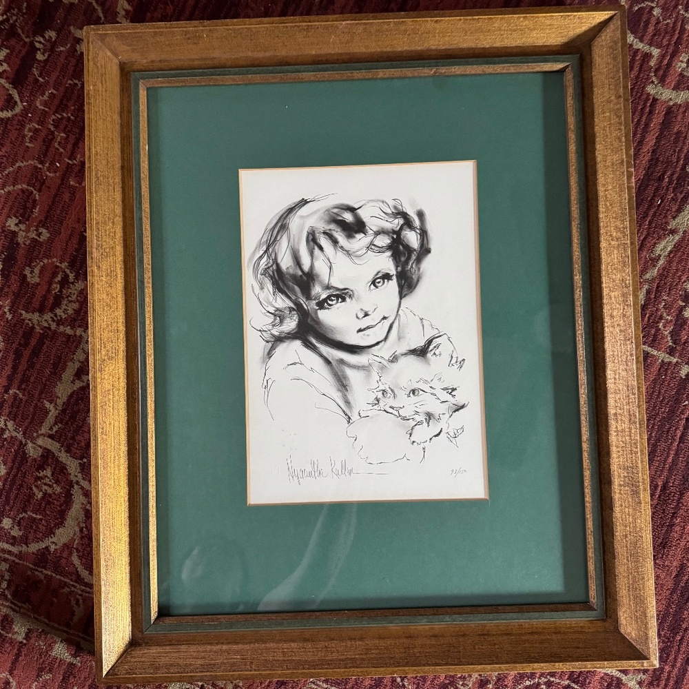 Hyancinthe Kuller Baron framed signed lithograph girl and cat 93/150
